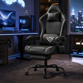 Cadeira gaming, ergonómica para PC em couro PU com apoio para os pés e inclinação de 135°, 70 x 70 x 120-130 cm Preto e cinzento