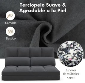 Sofá-cama dobrável de 2 lugares com encosto ajustável em 6 posições Capa de veludo e 2 almofadas para o quarto Cinzento escuro