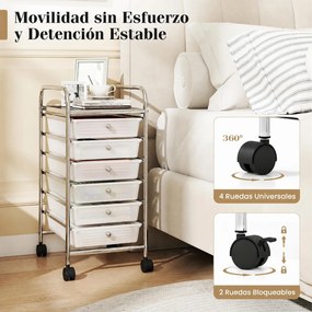 Carrinho de Armazenamento com 6 Gavetas, 33 x 38 x 66 cm, Rodas Giratórias com Travão, Branco