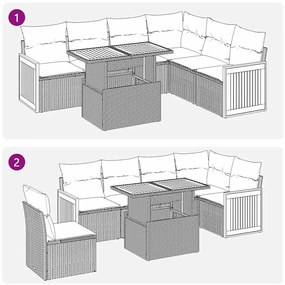 7 pcs conjunto sofás jardim com almofadões vime PE/acácia bege
