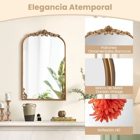 Espelho Curvo para Parede 76 x 51 cm Barroco Ornamentado Tradicional Vintage Dourado com Moldura de Metal Dourado