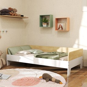 Cama infantil com base de ripas e painéis laterais altos, design baixo em madeira, 143,5 x 74 x 40 cm, branca