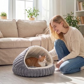 Cama Gruta para Gatos com Base Antiderrapante e Almofada Lavável para Interior 50x50x32 cm Cinzento