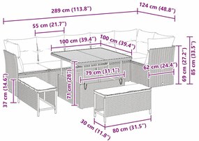 Sofá para o Jardim com 9 Peças e Almofadas Bege em Rattan Sintético e
