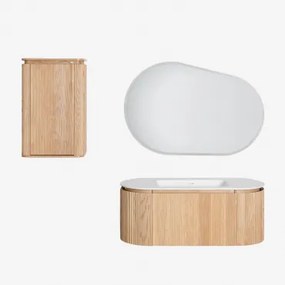 Conjunto De Móvel De Casa De Banho Suspenso Em Madeira Com Lavatório Integrado Carsone Madeira Natural & Madeira Natural & Oval Led E Anti-embaciament
