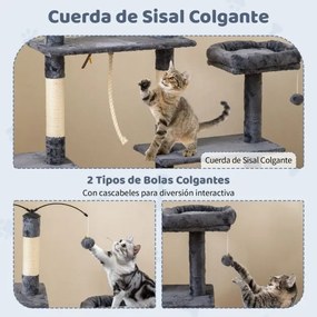 Arranhador para gatos de 136 cm com vários níveis, postes para arranhar em sisal, rampa e 2 poleiros Cinza escuro