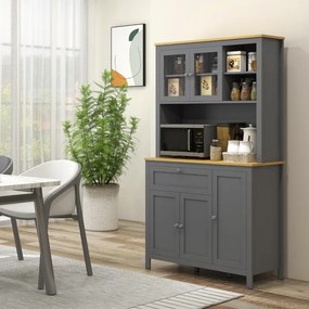 Armário de cozinha tipo aparador com 5 portas, das quais 2 com vidro, 1 gaveta e 1 compartimento aberto central - altura 180 cm, cinzento