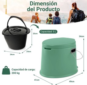 Sanita portátil 5 L para campimo 41 x 49 x 34 cm com tampa e cubo interno removível, WC portátil para viagens ao ar livre Verde