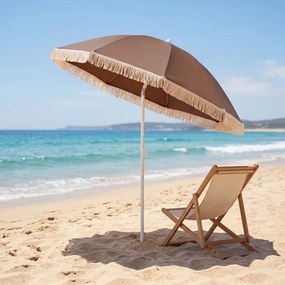 Guarda-sol de praia com franjas, 200 cm, 12 varas, ângulo de inclinação ajustável, proteção solar, estilo boémio, para jardim, pátio ou piscina, Cafe