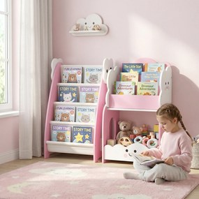 Estante Infantil 3-em-1, 4 Compartimentos, 3 Prateleiras, Mesa de Cabeceira para Quarto, Rosa.