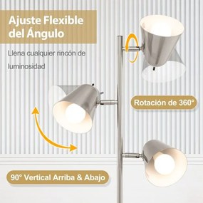 Candeeiro de pé em forma de árvore com 3 lâmpadas e abajures ajustáveis Mastro de metal e base pesada prateado