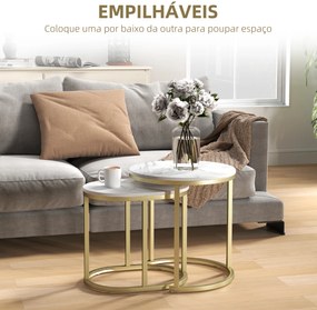 Conjunto de 2 Mesas de Centro Mesas Auxiliares Modernas com Bancada de Efeito Mármore e Estrutura de Aço para Sala Quarto Dourado