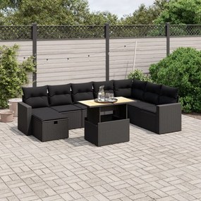 9 pcs conjunto de sofás p/ jardim c/ almofadões vime PE preto