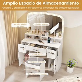 Toucador com espelho e luzes 108 x 40 x 149 cm com banco e Estação de carregamento 3 cores de luz 3 gavetas 2 armarios para quarto Branco