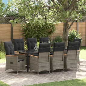 Conjunto de Jantar de Jardim 9 Peças com Almofadas Cinza Rattan Poli