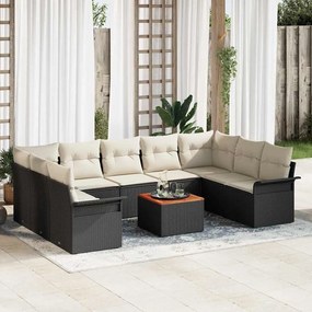 vidaXL Conjunto de Sofá de Jardim de 10 Peças com Almofadas Preto Vime de Polietileno Acácia