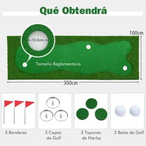 Tapete de treino de golfe profissional com relva artificial realista, 3 buracos, 3 bandeiras e taças de prática de putting 3 x 1 m Verde