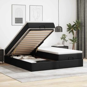 vidaXL Estrutura de cama otomana com colchões pele artificial preta