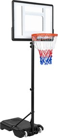Cesto de Basquetebol Portátil, 76 x 46 x 263–308, Altura Regulável em 5 Níveis, Preto