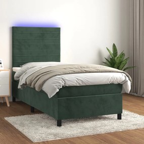 Cama box spring c/ colchão/LED 90x190 cm veludo verde-escuro