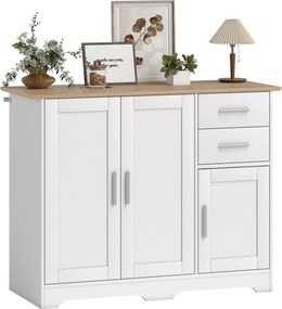 Aparador de sala, móvel de arrumação com 2 gavetas, 3 portas e prateleira ajustável, 100 x 40 x 78 cm, branco e madeira natural