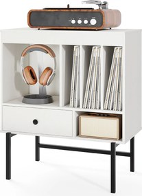 Suporte grande para gira-discos e discos de vinil de meados do século com compartimentos abertos para álbuns Branco