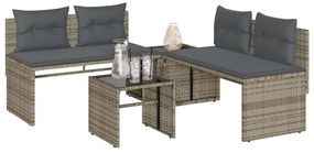 4 pcs conjunto sofás de jardim c/ almofadões vime PE cinzento