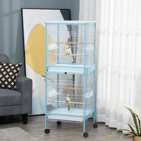 Gaiola para Pássaros com Rodas de 2 Níveis  com Bandejas Removíveis Portas Comedouros Poleiros 51,5x50x140 cm Azul