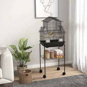 Gaiola para pássaros 50,5 x 41 x 121 cm com comedouros, poleiros, 3 portas, tabuleiro removível para excrementos + pega de transporte, preta