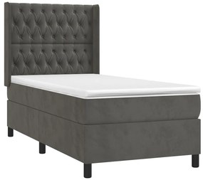 Cama box spring c/ colchão/LED 90x200 cm veludo cinzento-escuro