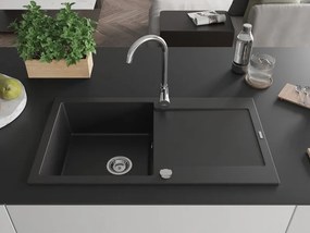 Mexen Leo lava-louça de granito com 1 cuba e escorredor 900 x 500 mm, preto, sifão cromado - 6501901010-77