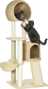 Arranhador  para gatos com arranhador de sisal natural, 2 nichos, plataforma, rede e peluche 60 x 60 x 150 cm, bege