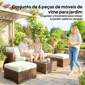 Conjunto de Jardim em Vime de 6 Peças Inclui Almofadas 4 Módulos de Assento 1 Sofá de Canto e Mesa de Centro em Vidro Castanho Escuro