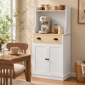Armário de cozinha para micro-ondas com espaço aberto, 1 gaveta e armário de 2 portas, 61 x 35 x 125,4 cm, em branco e cor carvalho