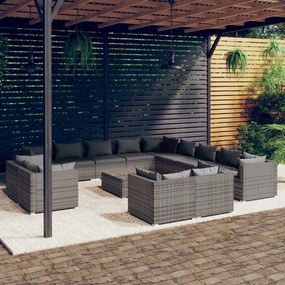 vidaXL 14 pcs conjunto lounge de jardim c/ almofadões vime PE cinzento