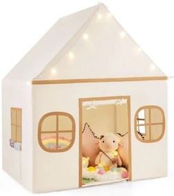 Tenda de brincar para crianças, casa de brincar grande com porta, cortina e janelas, estrelas iluminadas, tapete acolchoado antiderrapante, bolso rosa