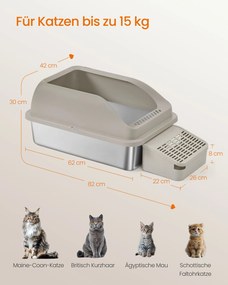Caixa de areia XXL para gatos em aço inoxidável 61 x 41 x 30,2 cm, com rebordo alto, escadinha e pá castanho-café