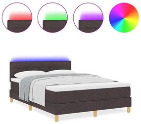 Cama Box Spring com Colchão &amp; Luz LED Marrom Escuro 140x200 cm Tecido