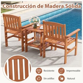 Conjunto de mesa e cadeira jardim de 3 peças para pátio Assentos de madeira para conversação ao ar livre com furo para guarda-sol Castanho
