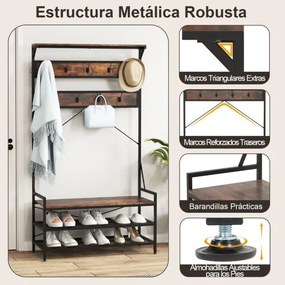 Bengaleiro entrada com Banco para sapatos com Estante 11 Ganchos Estrutura metálica 102 x 40 x 184 cm Castanho