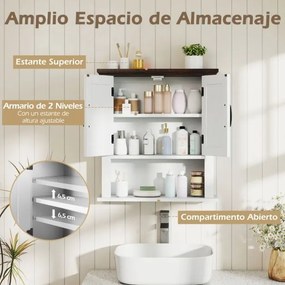 Armário de parede casa de banho, sala, cozinha ou entrada 55 x 19 x 60 cm com portas em estilo rústico, prateleira ajustável e compartimento aberto Br