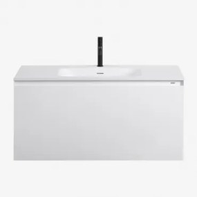 Conjunto De Móvel De Casa De Banho Suspenso Em Madeira Com Lavatório Integrado Macrae Branco & Sem Espelho & Preto Mate, 20 Cm, Com Válvula De Escoame