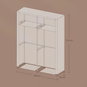 Guarda-roupa com 2 varões, arrumação para roupa 140 x 43 x 174 cm cinza