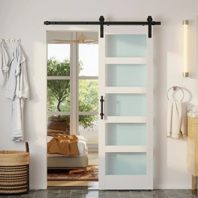 Porta de Correr com Ferragens 71x213 cm Porta de Correr Interior de MDF e Vidro Fosco com Rolo Trilho Guia de Chão Branco