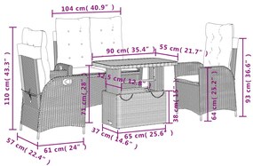4 pcs conjunto de jardim p/ jardim c/ almofadões vime PE preto