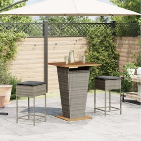3 pcs conjunto de bar p/ jardim c/ almofadões vime PE cinzento