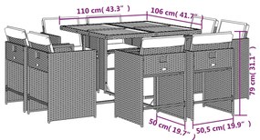 9 pcs conjunto de jantar p/ jardim com almofadões vime PE bege