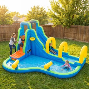 Parque aquático castelo insuflável com escorrega 465 x 345 x 242 cm, parede de escalada, aro de basquetebol, piscina, jatos de água e ventilador de 95