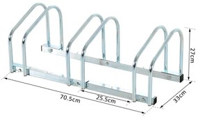 HOMCOM Estacionamento para 3 Bicicletas Suporte de Aço para Estacionar Bicicletas no Chão para Interior e Exterior 70,5x33x27cm Prata