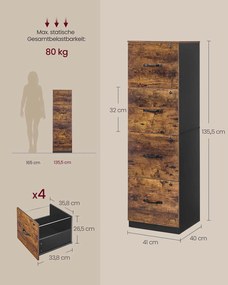 Armário arquivo escritório com 4 gavetas com fechadura 40 x 41 x 135,5 cm Castanho vintage-Preto